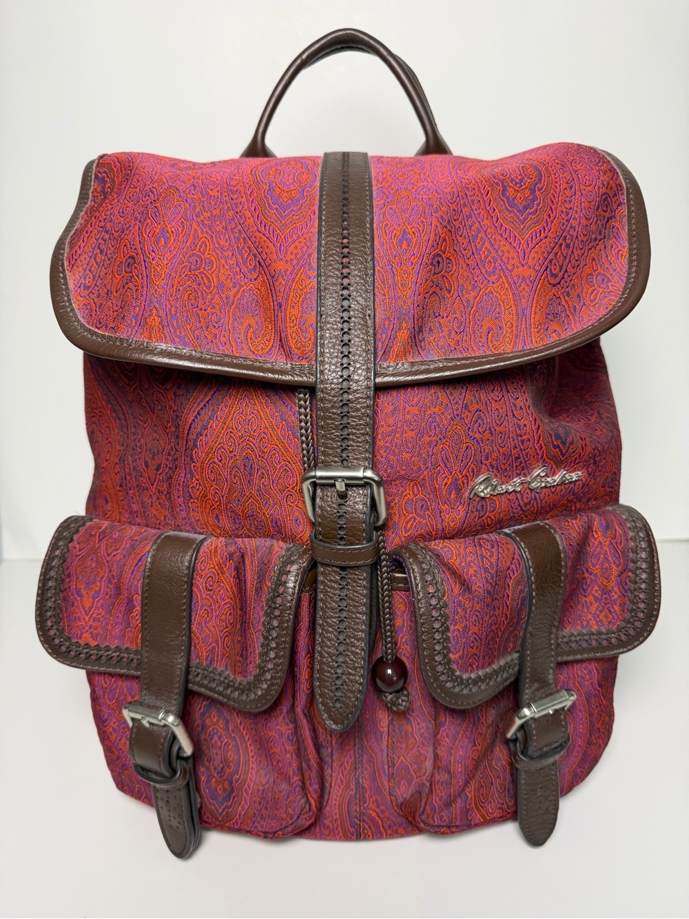 Robert Graham Stellen Rucksack Paisley Red Purple Silk + Brown Leather, Backpack